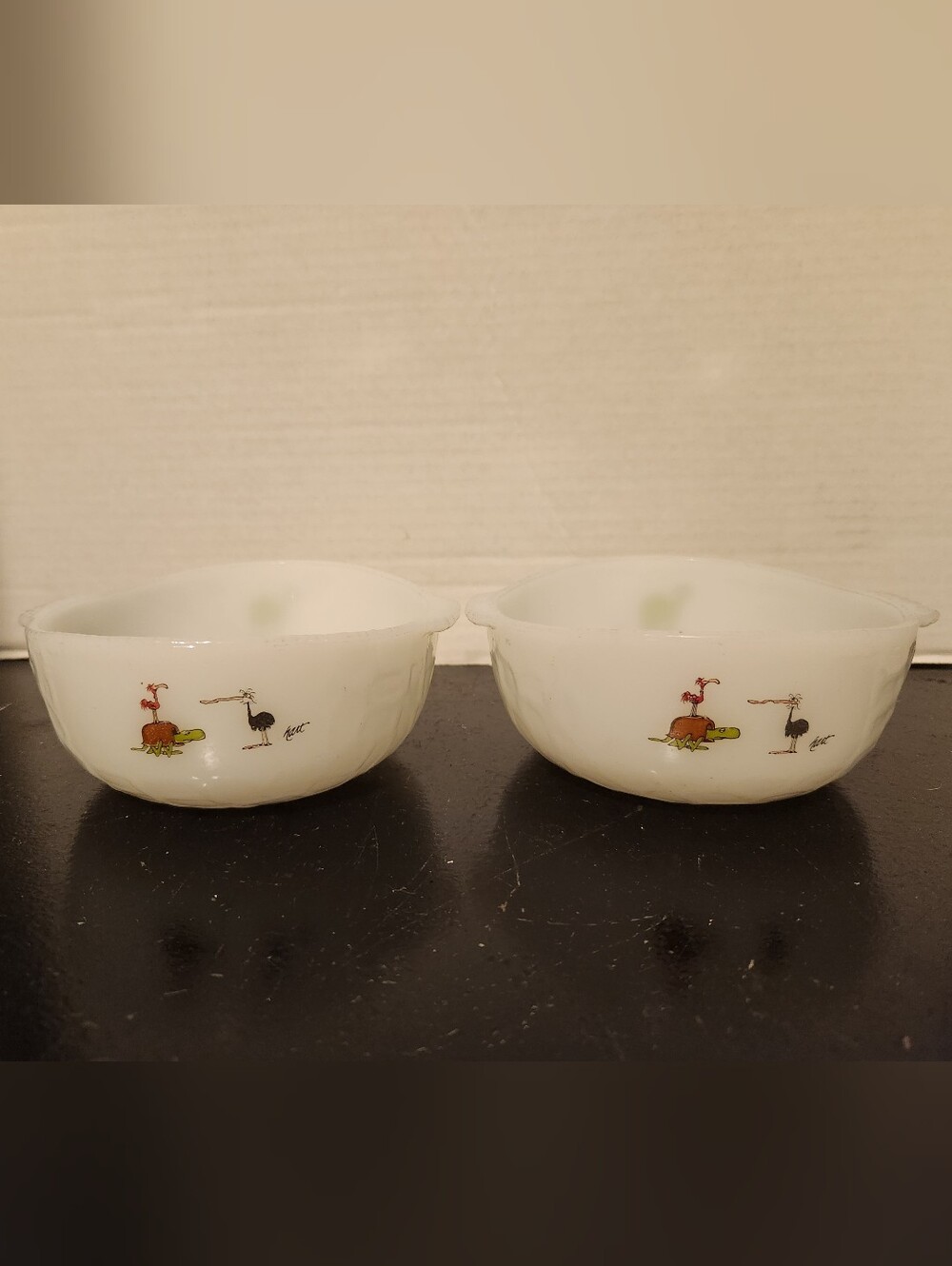2 BC Comic Book Anchor Hocking Fire King White Milk Glass Bowl Signed HART